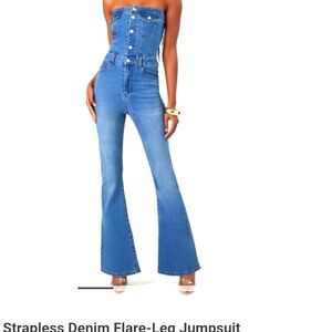 Pre-owned Strapless Denim Flare-Leg Jumpsuit